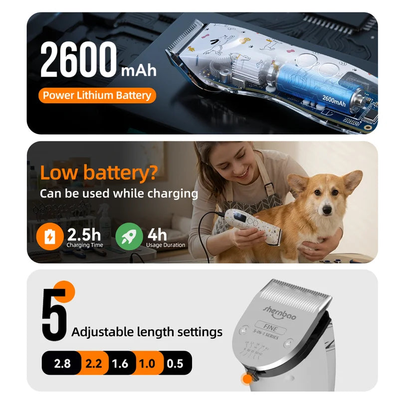Professional Shernbao PGC-780 Pet Hair Clipper with 5in1 Sharp Smooth-cutting Blade for Dog&Cat Hair Trimming and Grooming