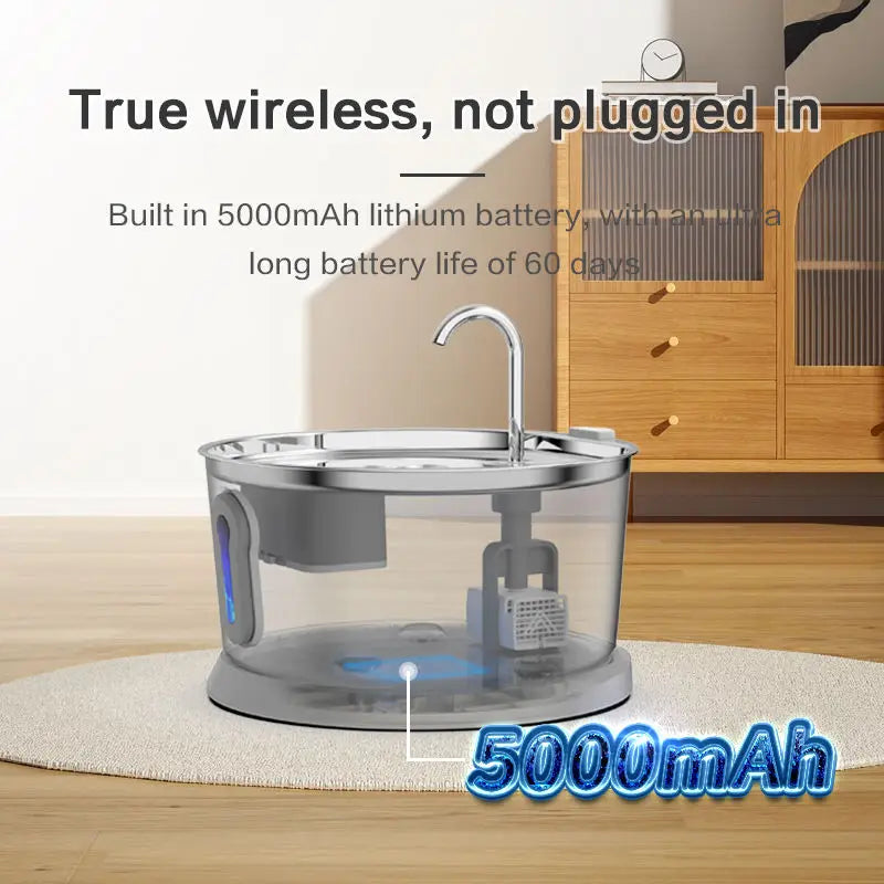 4L Wireless 5000mAh Cat Dog Water Fountain 304 Stainless Steel Dual 220 Radar Induction Four Layer Filtration Ultra Silent