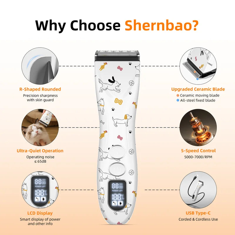 Professional Shernbao PGC-780 Pet Hair Clipper with 5in1 Sharp Smooth-cutting Blade for Dog&Cat Hair Trimming and Grooming