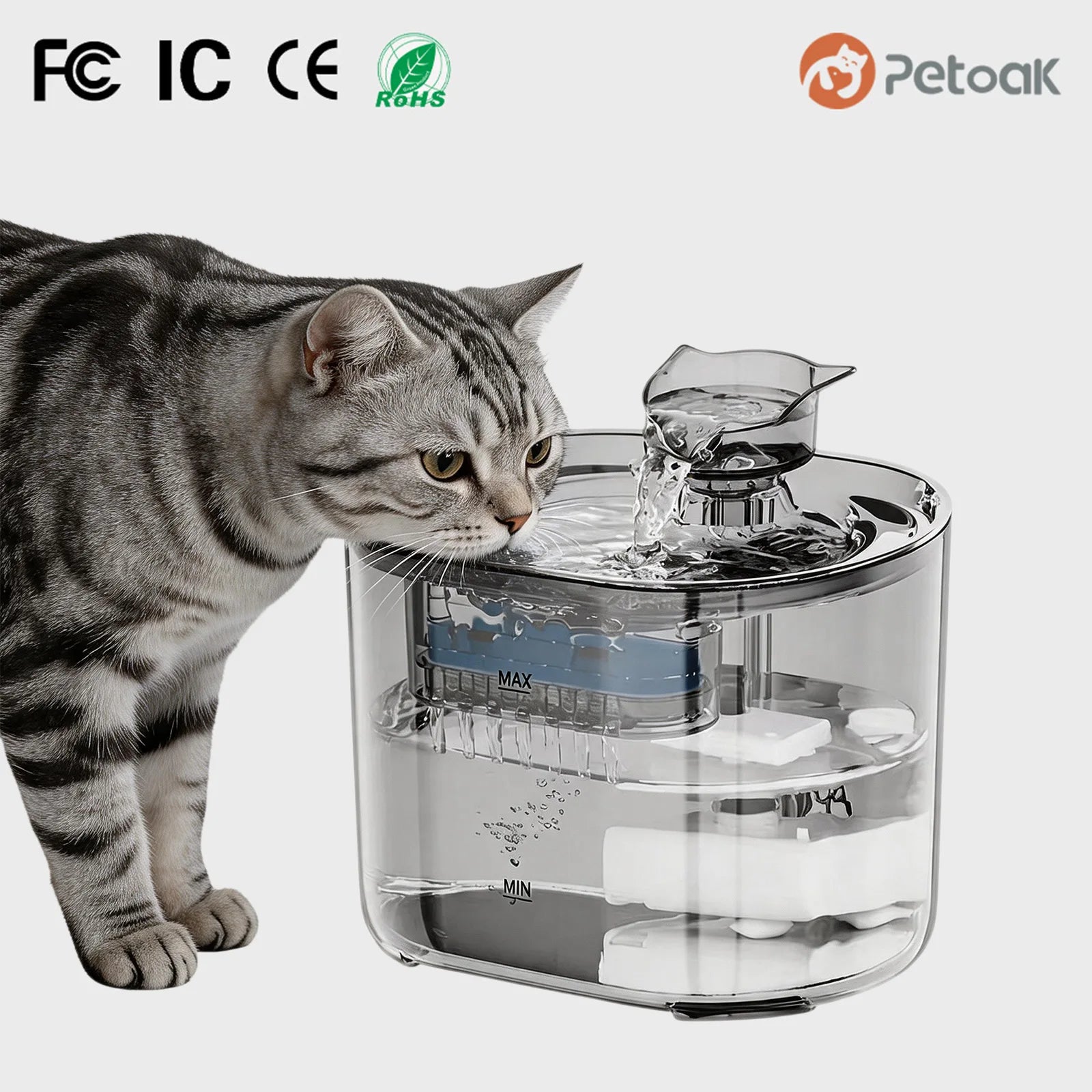 2.2L Automatic Pet Water Dispenser Stylish Portable Cats Dogs Rechargeable Waterproof Ultra Quiet Circulation Transparent Solid