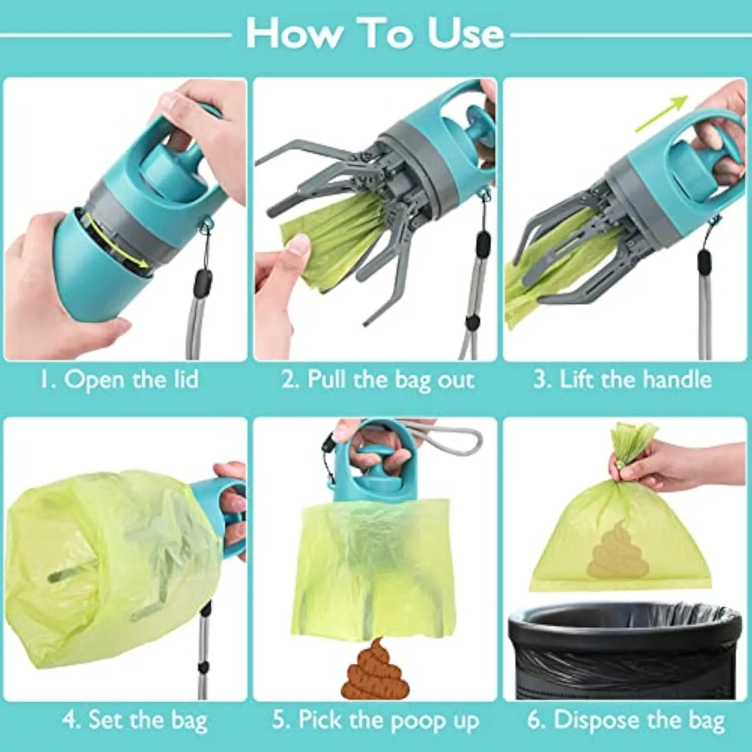 Lightweight Portable Luxury Plastic Pet Poop Scooper with Bag Dispenser Hands-Free Waste Removal Claw Dog Poop Picker