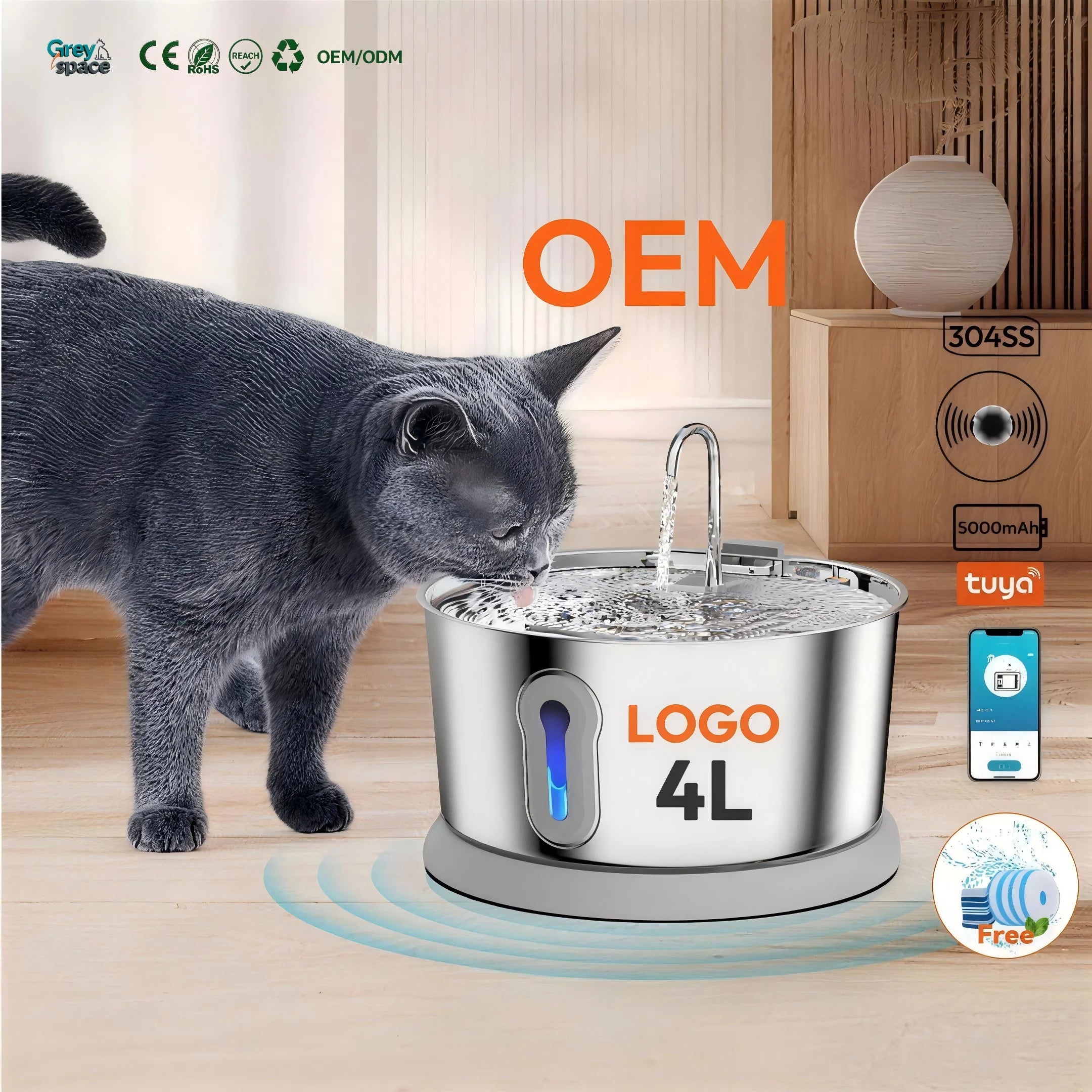 4L Wireless 5000mAh Cat Dog Water Fountain 304 Stainless Steel Dual 220 Radar Induction Four Layer Filtration Ultra Silent