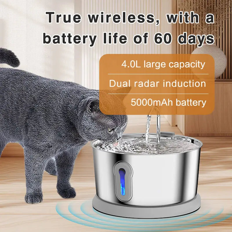 4L Wireless 5000mAh Cat Dog Water Fountain 304 Stainless Steel Dual 220 Radar Induction Four Layer Filtration Ultra Silent